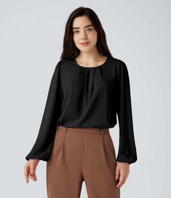 Round Neck Keyhole Back Puff Sleeve Curved Hem Relaxed Work Blouse