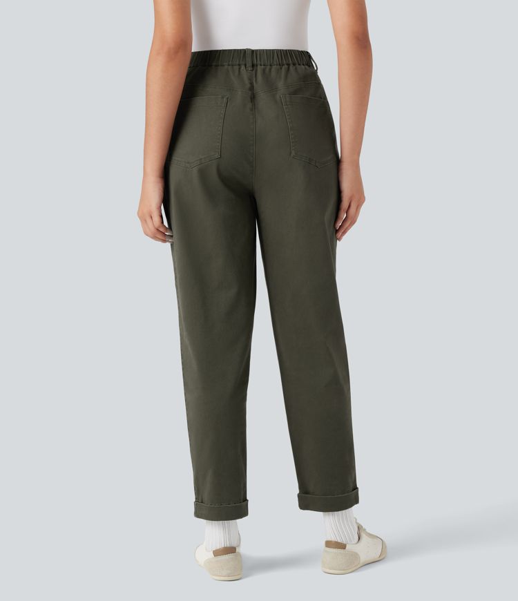 High Waisted Casual Chino Cotton Tapered Pants with Pockets