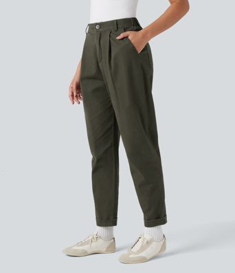 High Waisted Casual Chino Cotton Tapered Pants with Pockets