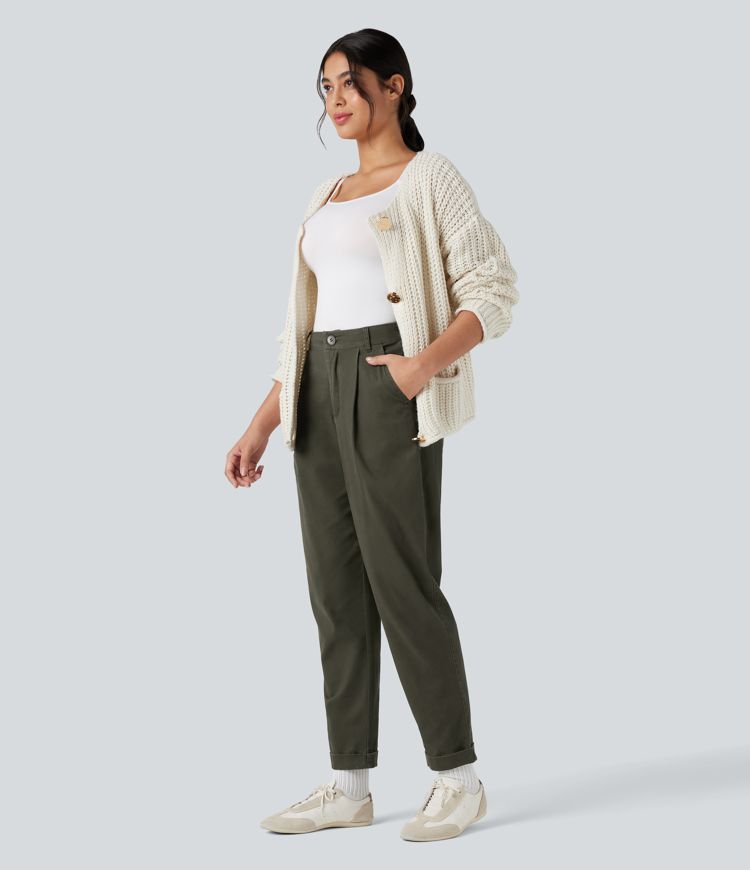 High Waisted Casual Chino Cotton Tapered Pants with Pockets