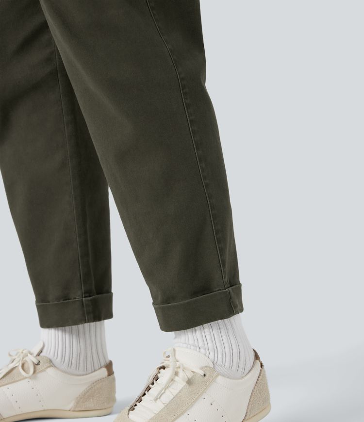 High Waisted Casual Chino Cotton Tapered Pants with Pockets