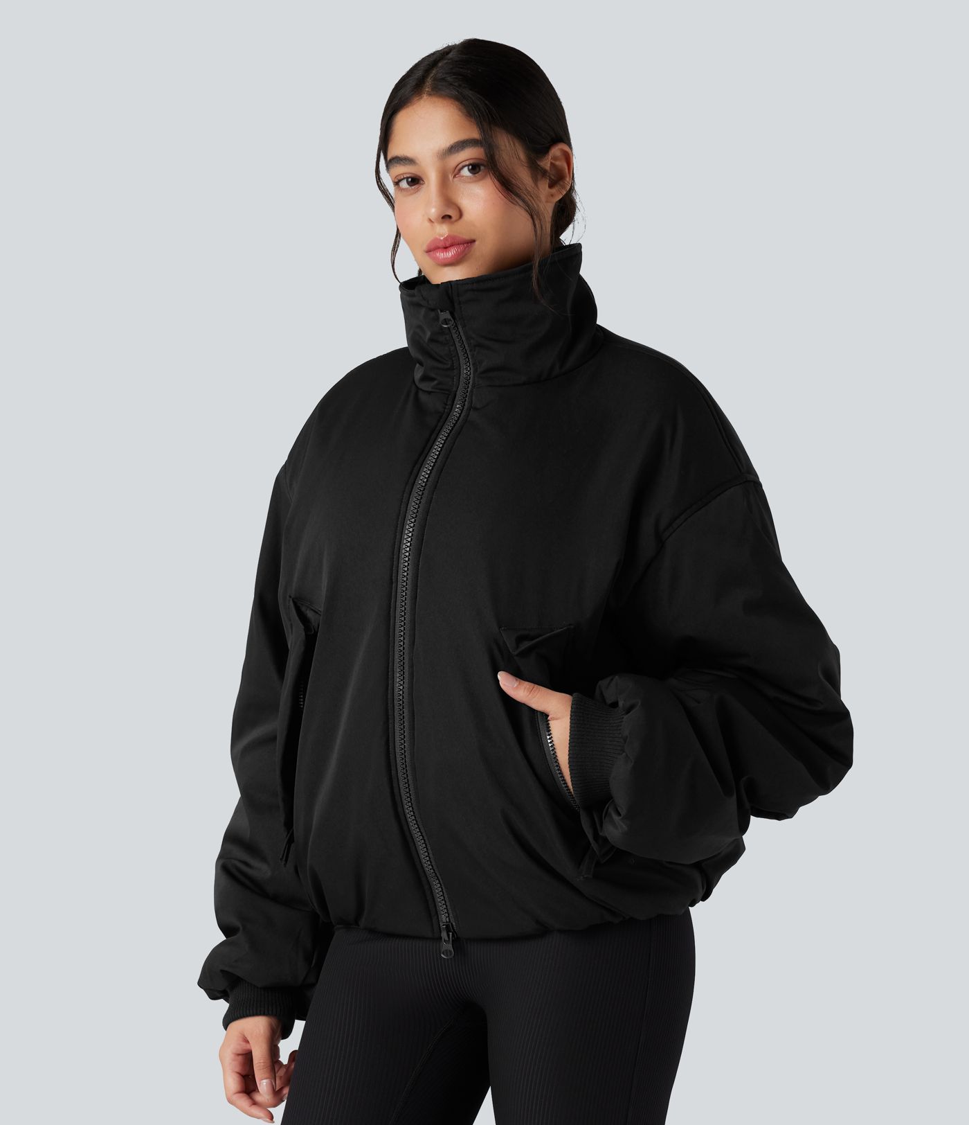 High Neck Long Sleeve Zipper Casual Puffer Jacket with Pockets