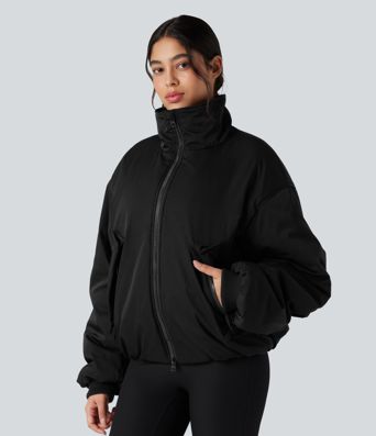 High Neck Long Sleeve Zipper Casual Puffer Jacket with Pockets