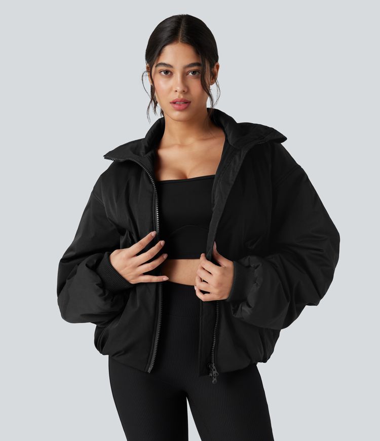High Neck Long Sleeve Zipper Casual Puffer Jacket with Pockets