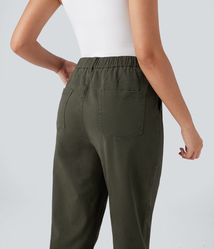 High Waisted Casual Chino Cotton Tapered Pants with Pockets