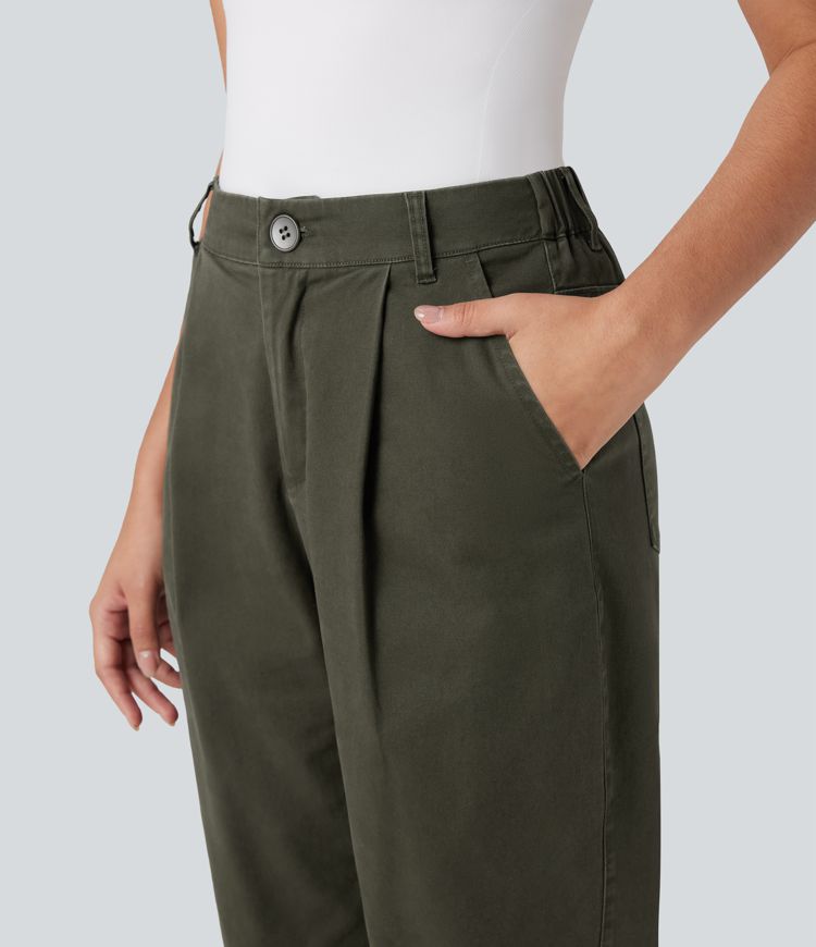 High Waisted Casual Chino Cotton Tapered Pants with Pockets
