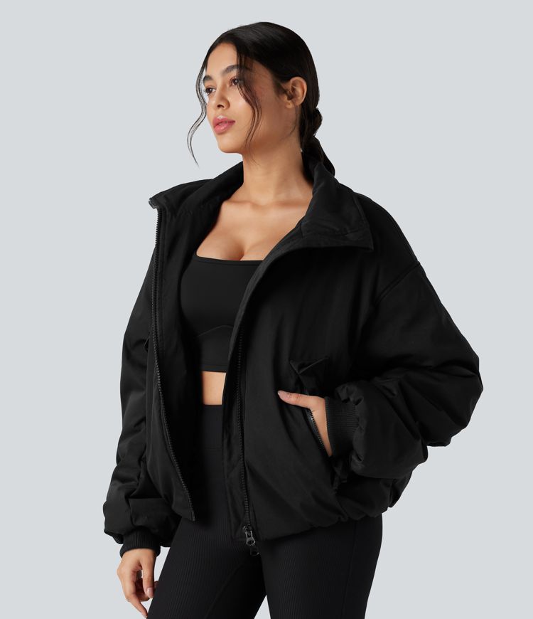 High Neck Long Sleeve Zipper Casual Puffer Jacket with Pockets