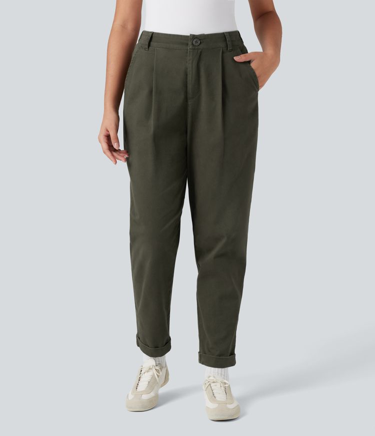 High Waisted Casual Chino Cotton Tapered Pants with Pockets
