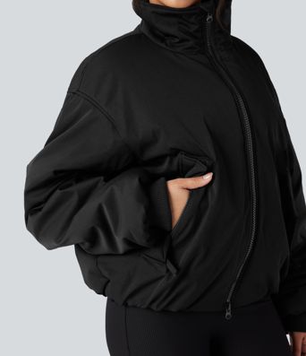 High Neck Long Sleeve Zipper Casual Puffer Jacket with Pockets