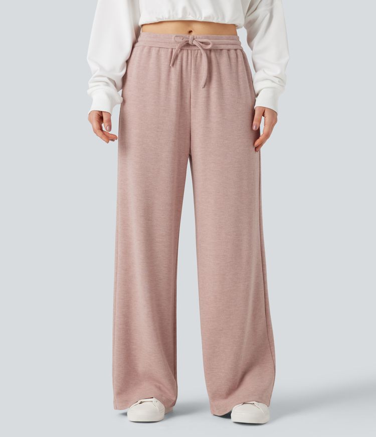 Mid Rise Drawstring Wide Leg Casual Pants with Pockets
