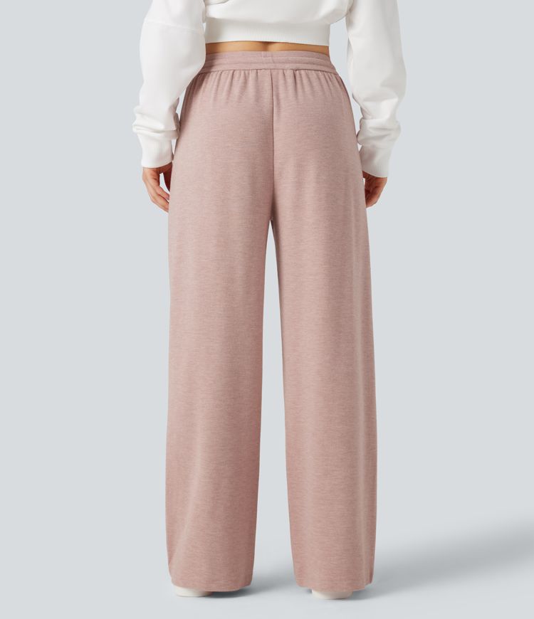 Mid Rise Drawstring Wide Leg Casual Pants with Pockets