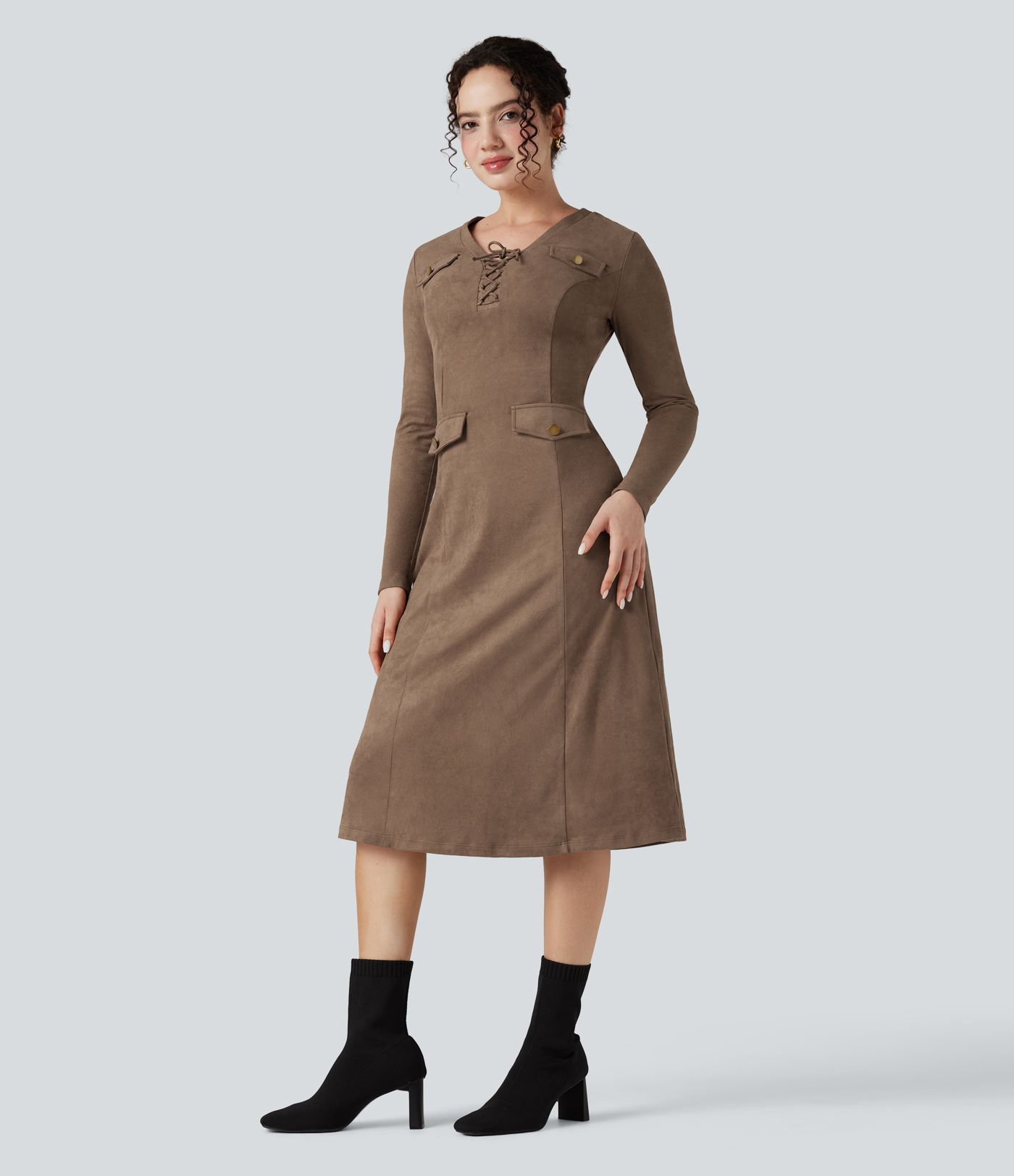 Robe de travail mi-longue en suède, manches longues, col en V à laçage