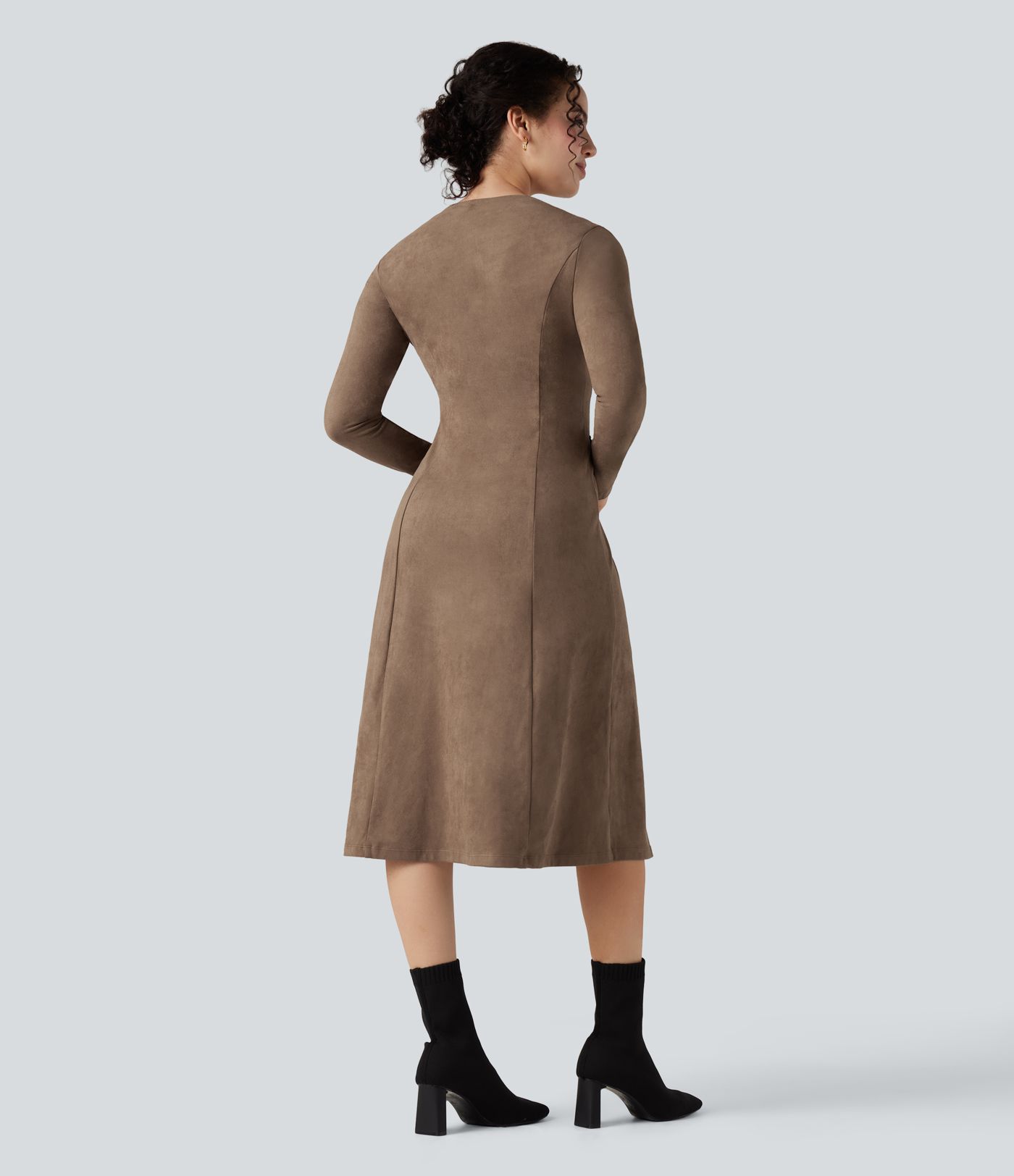 Robe de travail mi-longue en suède, manches longues, col en V à laçage