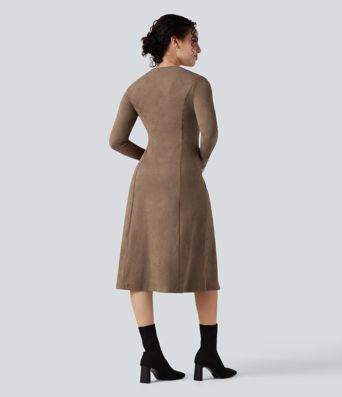 Robe de travail mi-longue en suède, manches longues, col en V à laçage