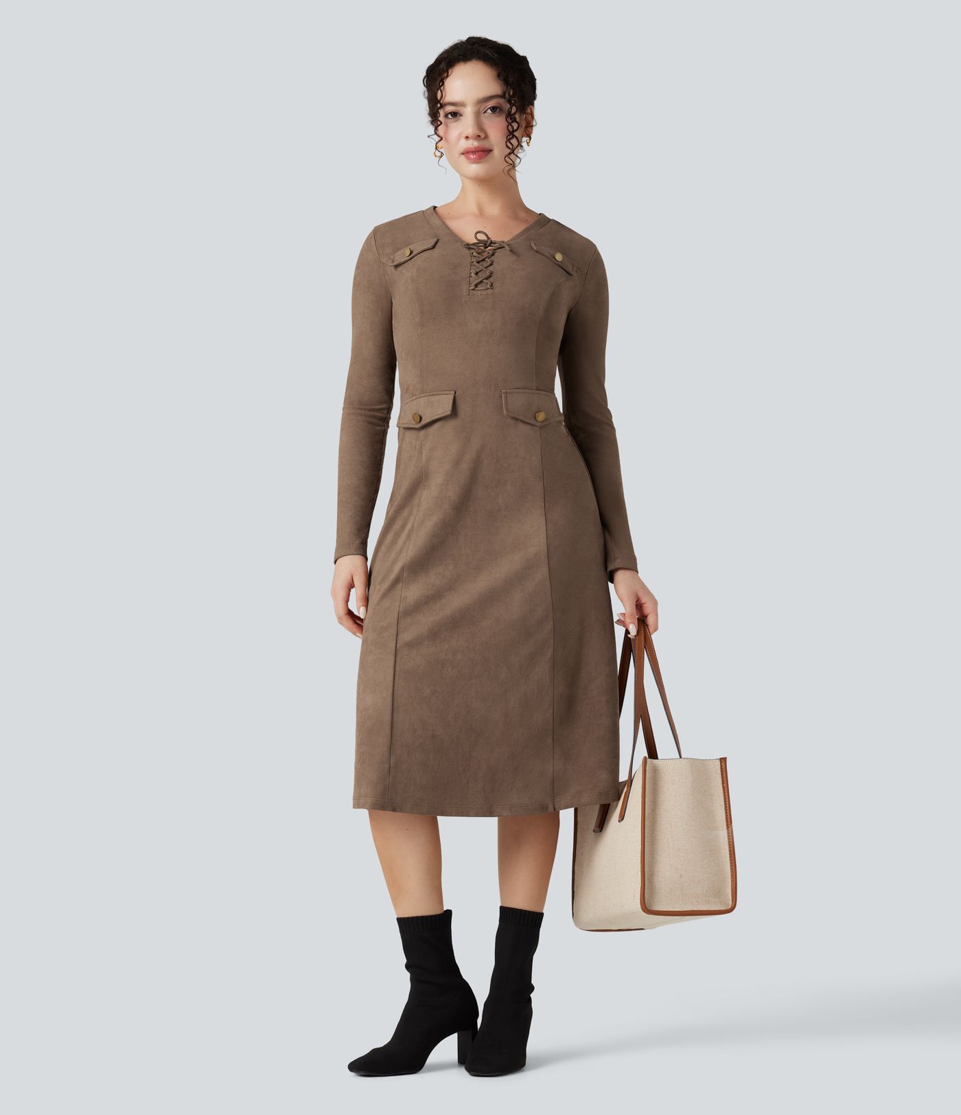 Robe de travail mi-longue en suède, manches longues, col en V à laçage