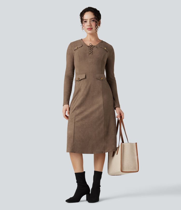 Robe de travail mi-longue en suède, manches longues, col en V à laçage