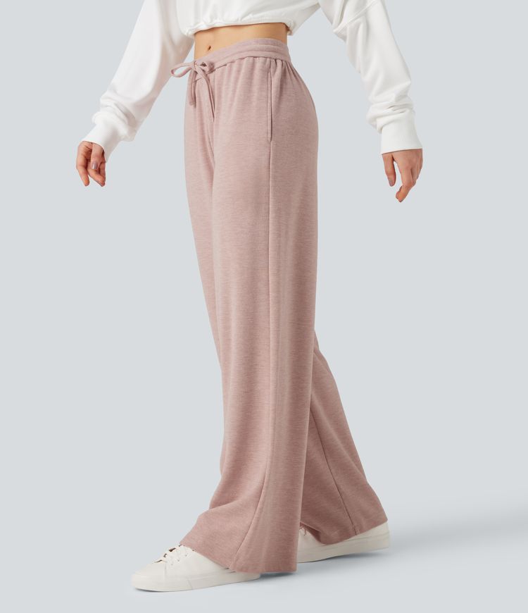 Mid Rise Drawstring Wide Leg Casual Pants with Pockets