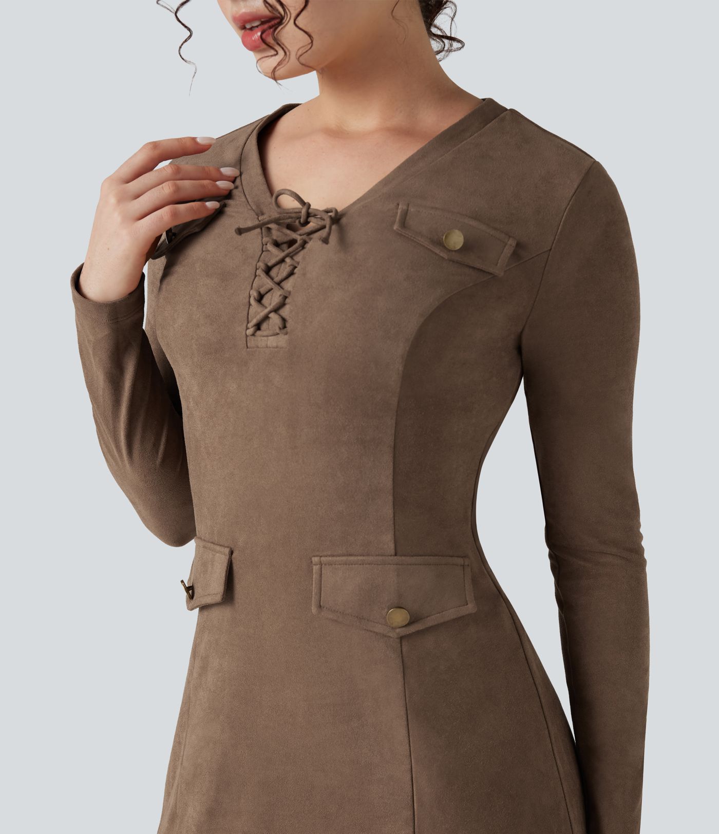 Robe de travail mi-longue en suède, manches longues, col en V à laçage