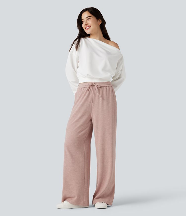Mid Rise Drawstring Wide Leg Casual Pants with Pockets