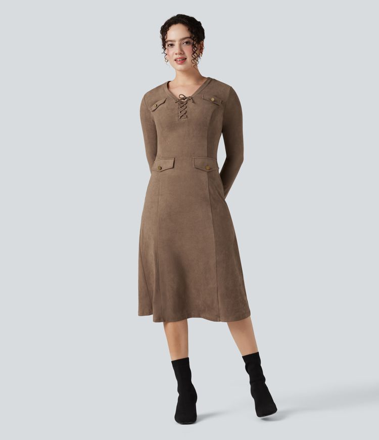 Femmes Robe mi-longue tailleur suédine col V à lacets manches