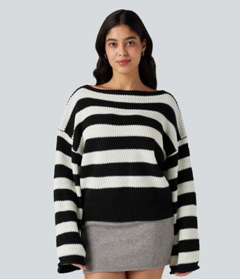 Boat Neck Long Sleeve Striped Relaxed Casual Sweater