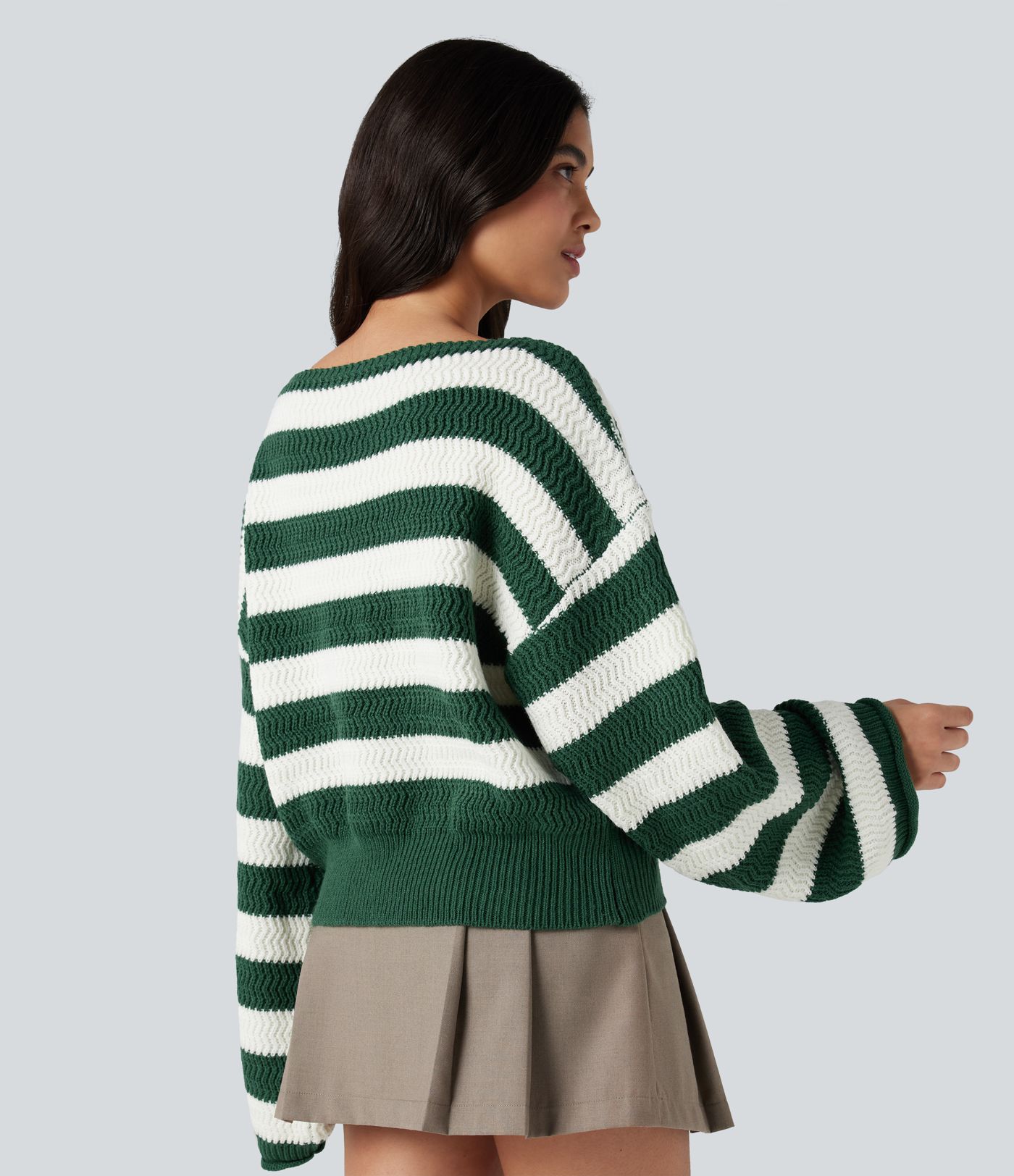 Boat Neck Long Sleeve Striped Relaxed Casual Sweater