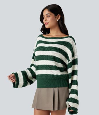 Boat Neck Long Sleeve Striped Relaxed Casual Sweater