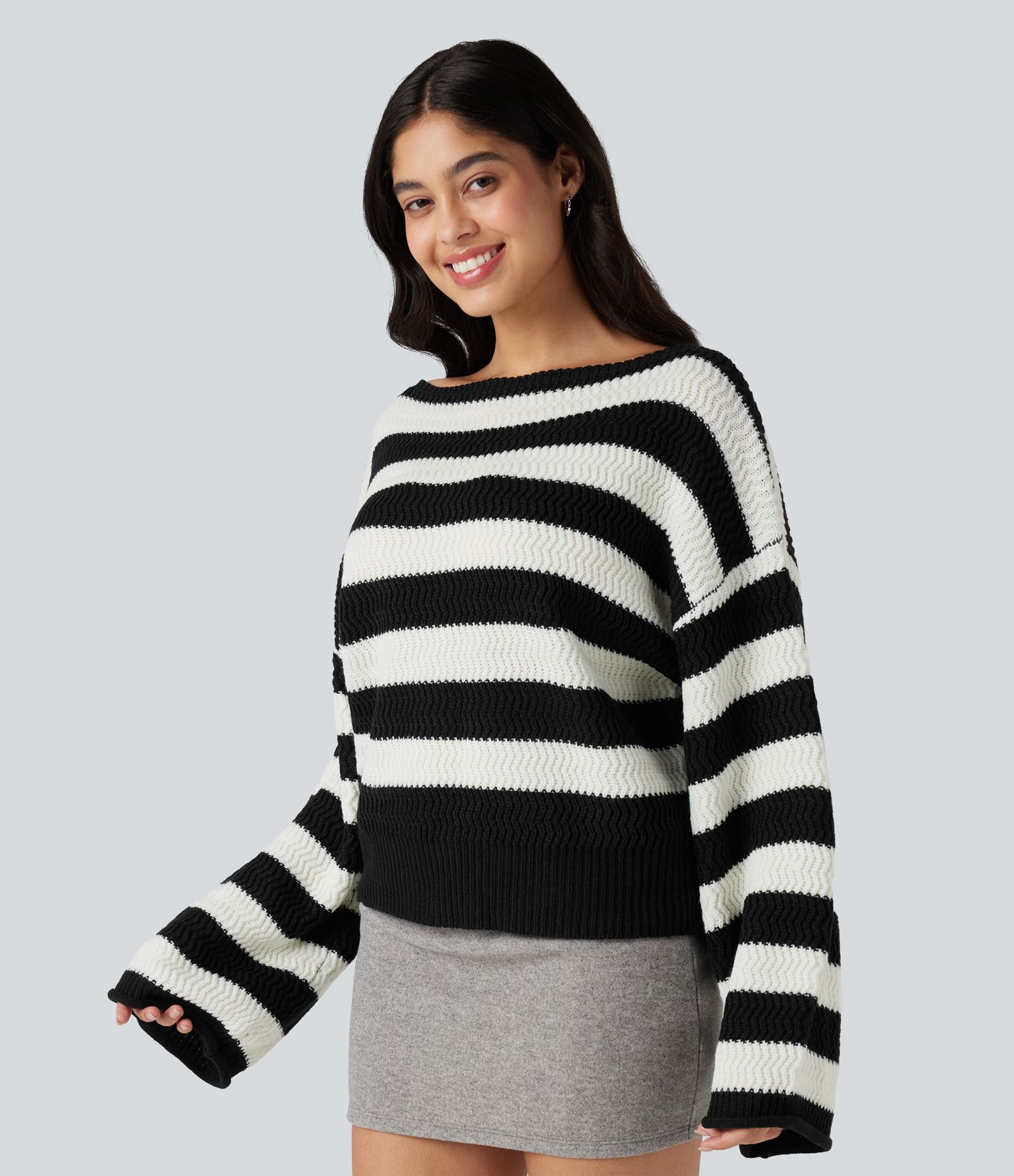Boat Neck Long Sleeve Striped Relaxed Casual Sweater