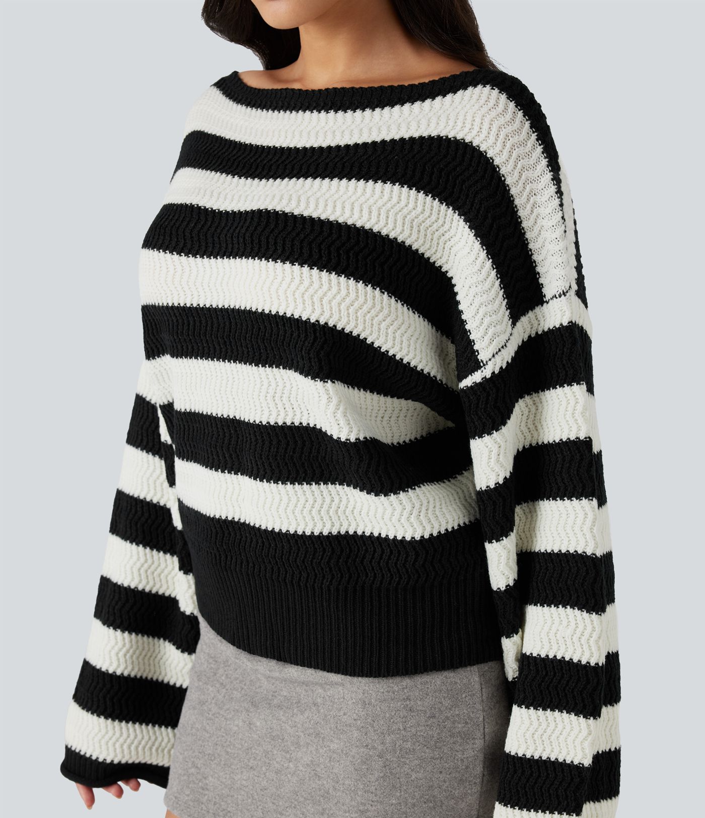 Boat Neck Long Sleeve Striped Relaxed Casual Sweater
