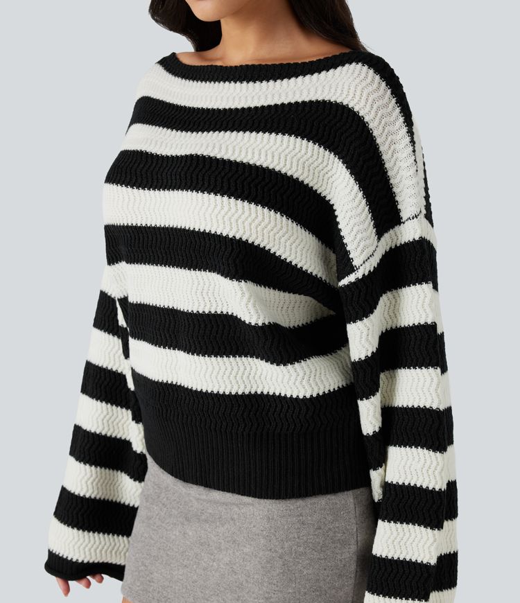 Boat Neck Long Sleeve Striped Relaxed Casual Sweater