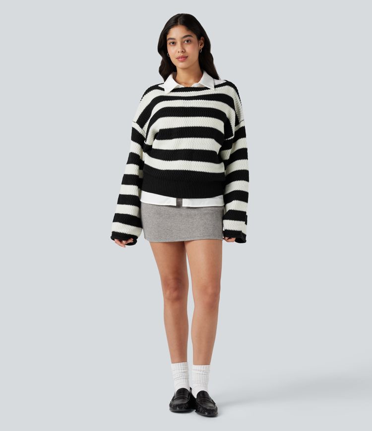 Boat Neck Long Sleeve Striped Relaxed Casual Sweater