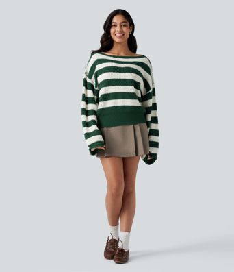 Boat Neck Long Sleeve Striped Relaxed Casual Sweater