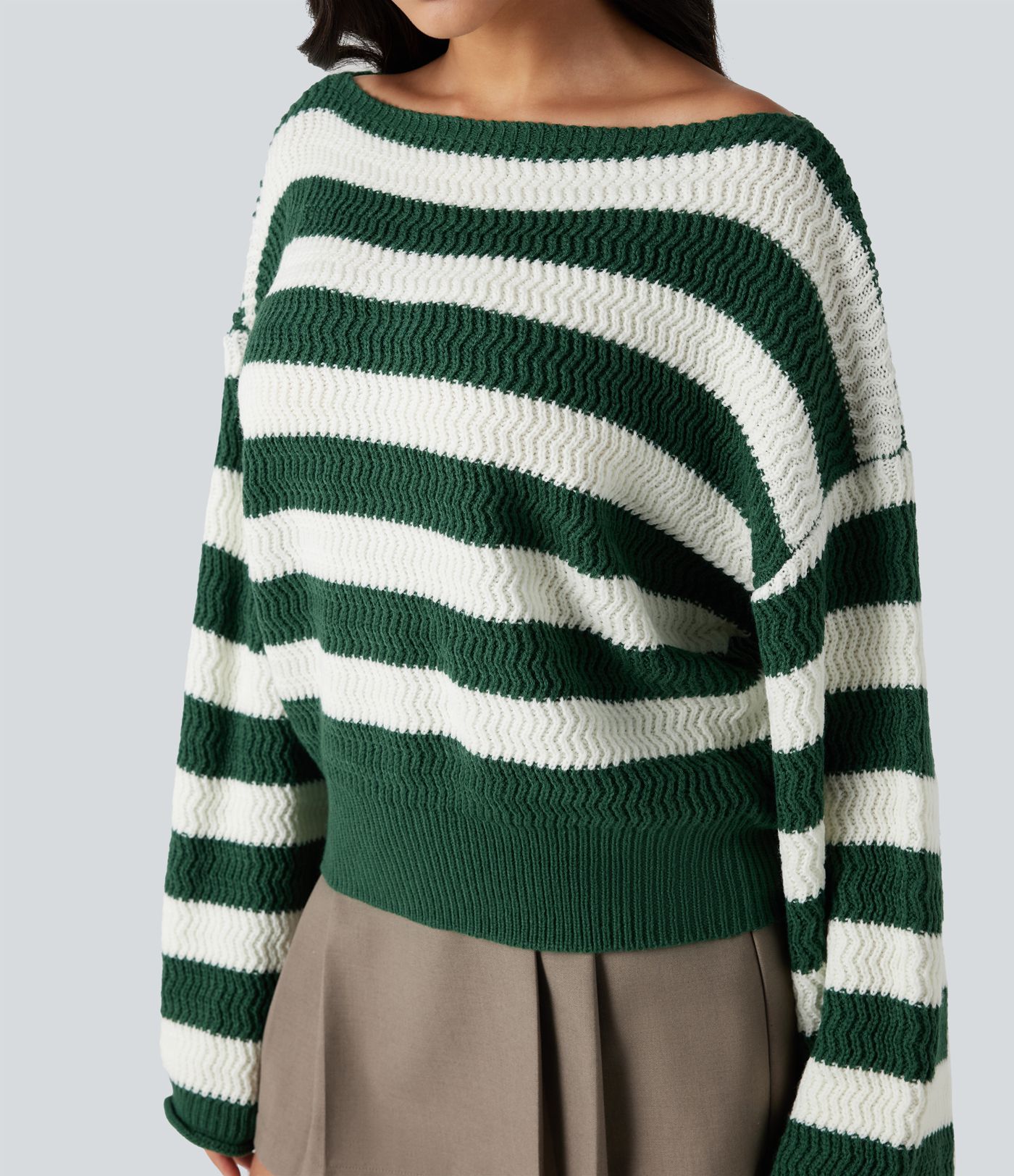 Boat Neck Long Sleeve Striped Relaxed Casual Sweater