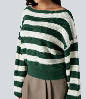 Boat Neck Long Sleeve Striped Relaxed Casual Sweater