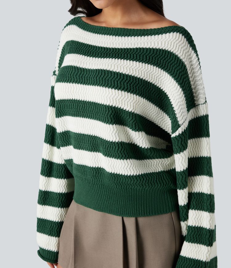 Boat Neck Long Sleeve Striped Relaxed Casual Sweater