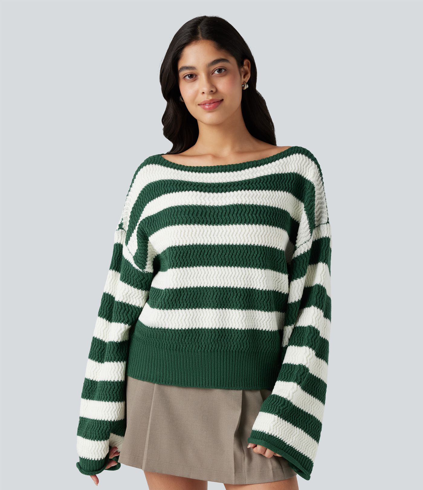 Boat Neck Long Sleeve Striped Relaxed Casual Sweater