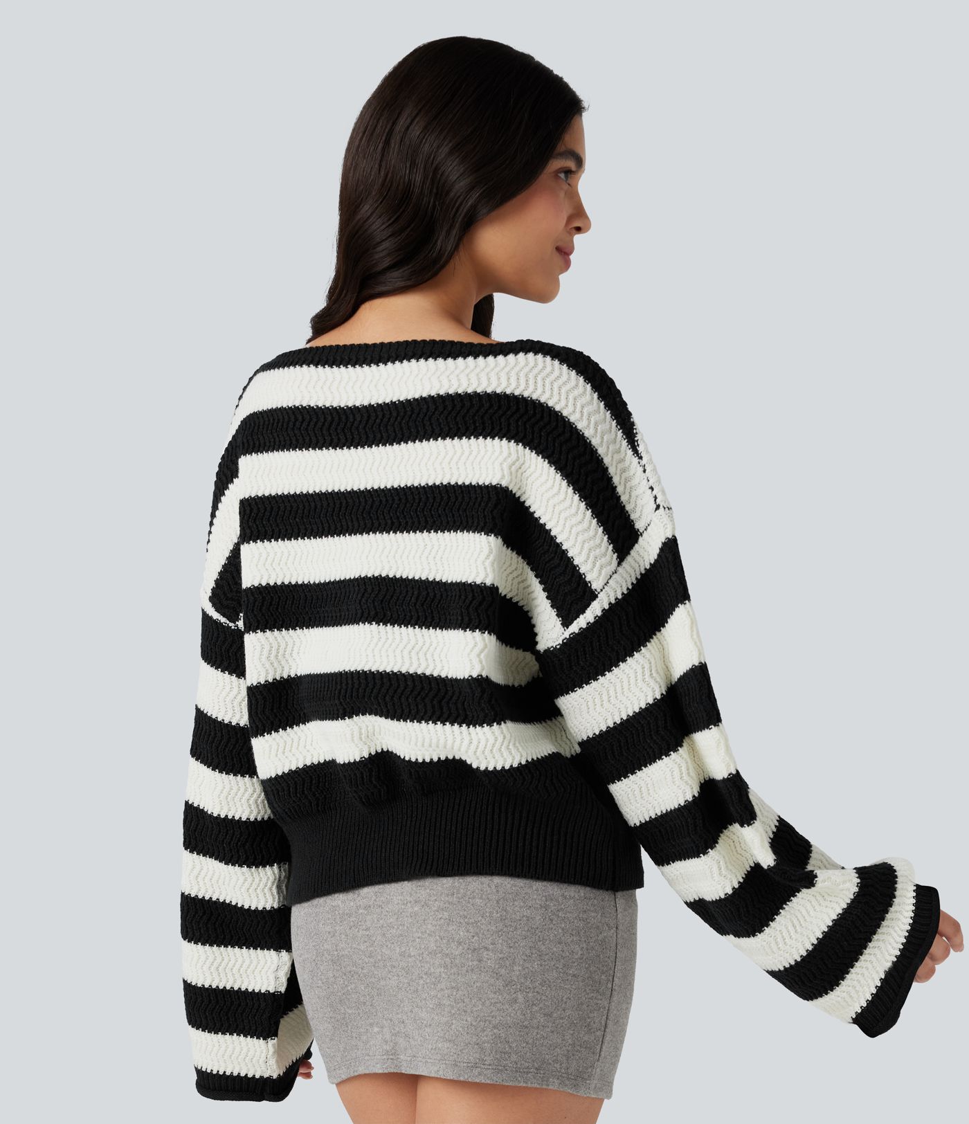 Boat Neck Long Sleeve Striped Relaxed Casual Sweater