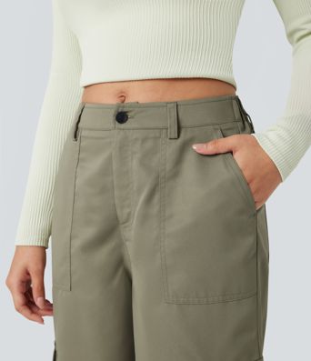 Mid Rise Casual Straight-leg Cargo Pants with Pockets
