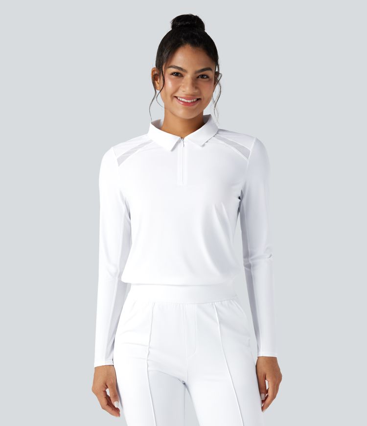 Top de sport golf col polo demi-zip mesh contrastant toucher frais séchage rapide manches longues
