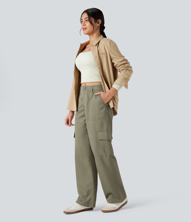 Mid Rise Casual Straight-leg Cargo Pants with Pockets