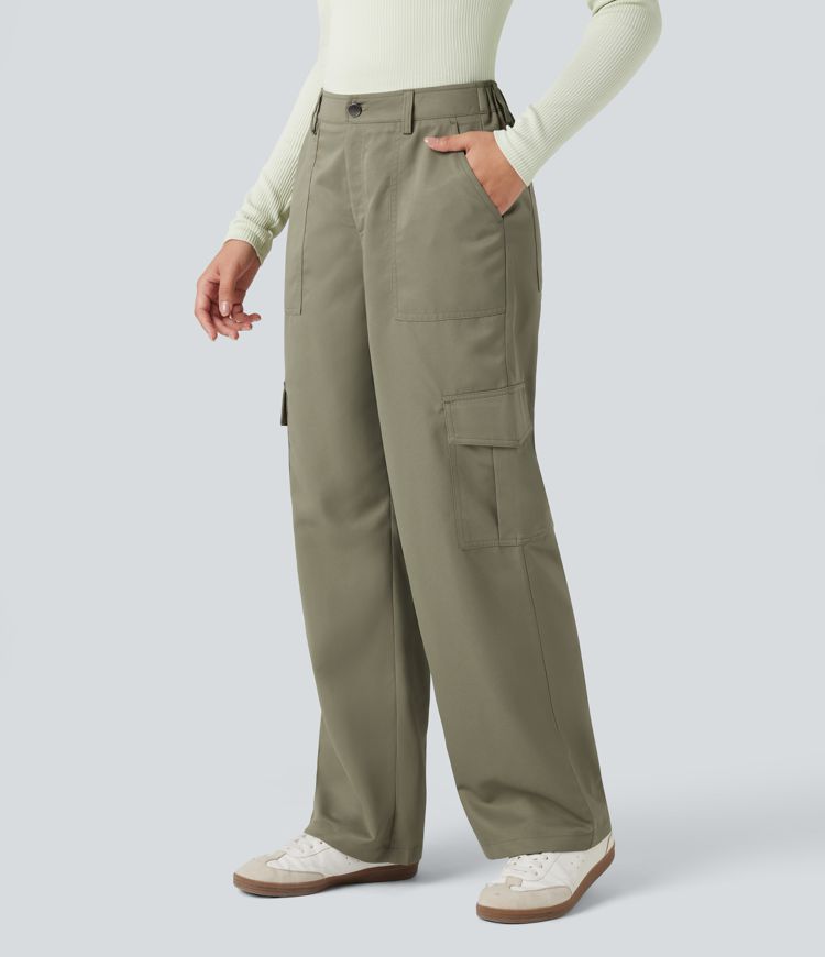 Mid Rise Casual Straight-leg Cargo Pants with Pockets