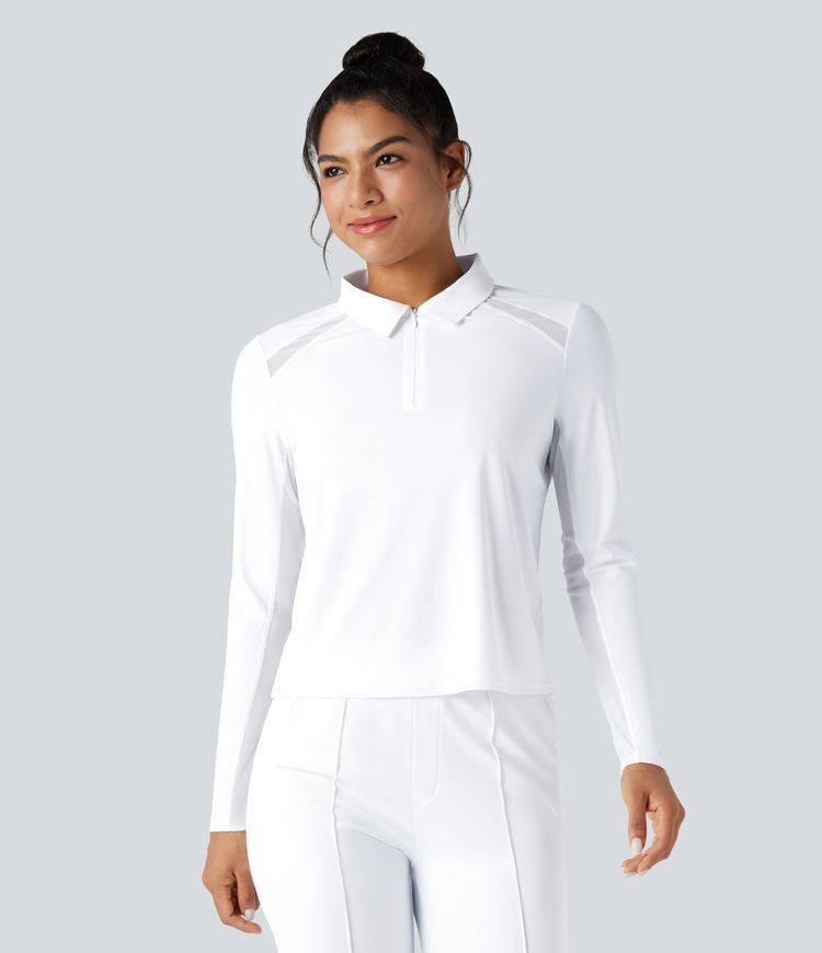 Top de sport golf col polo demi-zip mesh contrastant toucher frais séchage rapide manches longues