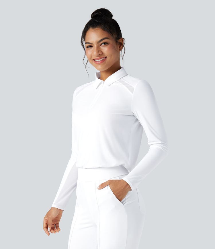 Top de sport golf col polo demi-zip mesh contrastant toucher frais séchage rapide manches longues