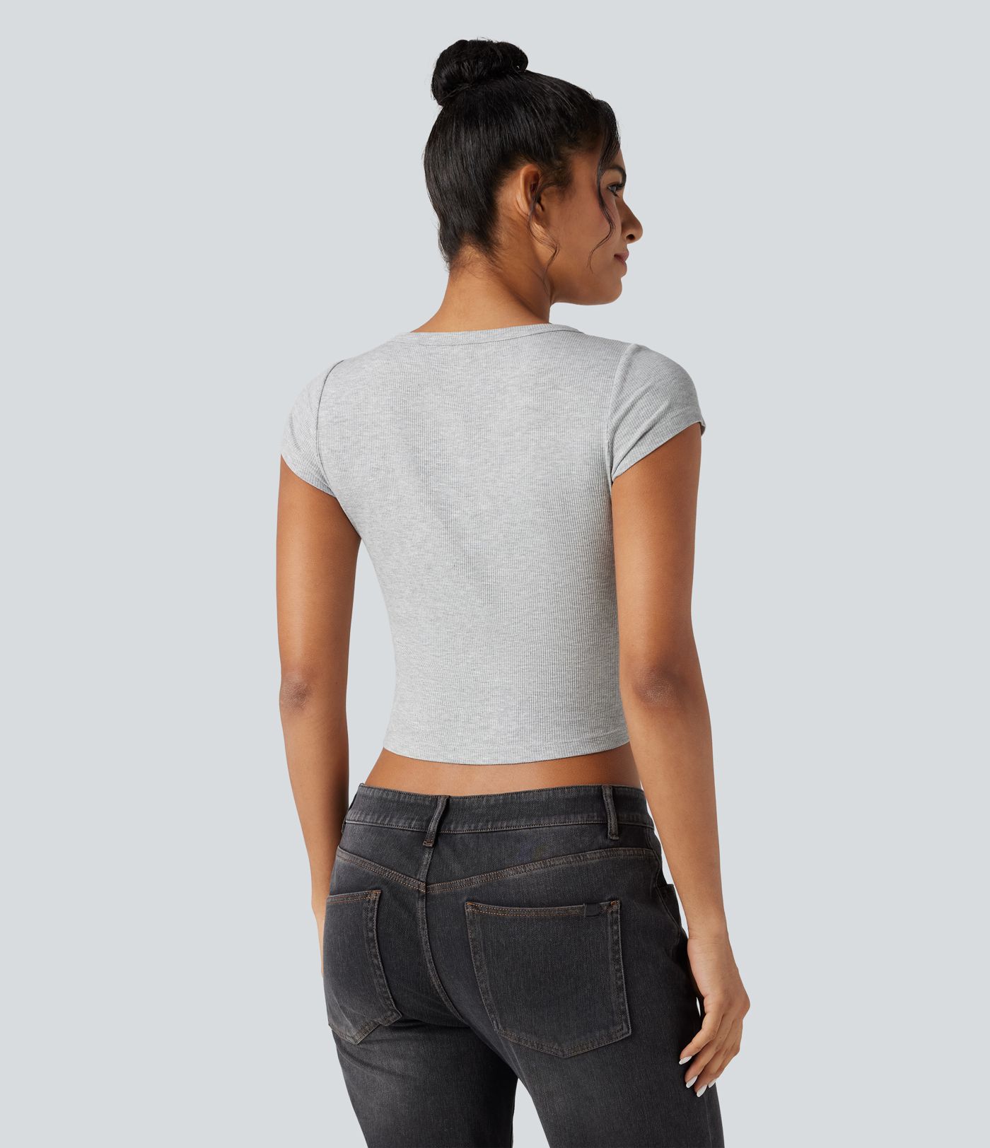 Ribbed Knit Henley Short Sleeve Slim Cropped Casual T-Shirt