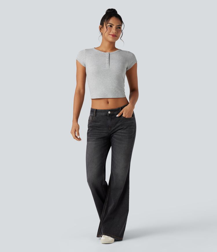 Ribbed Knit Henley Short Sleeve Slim Cropped Casual T-Shirt