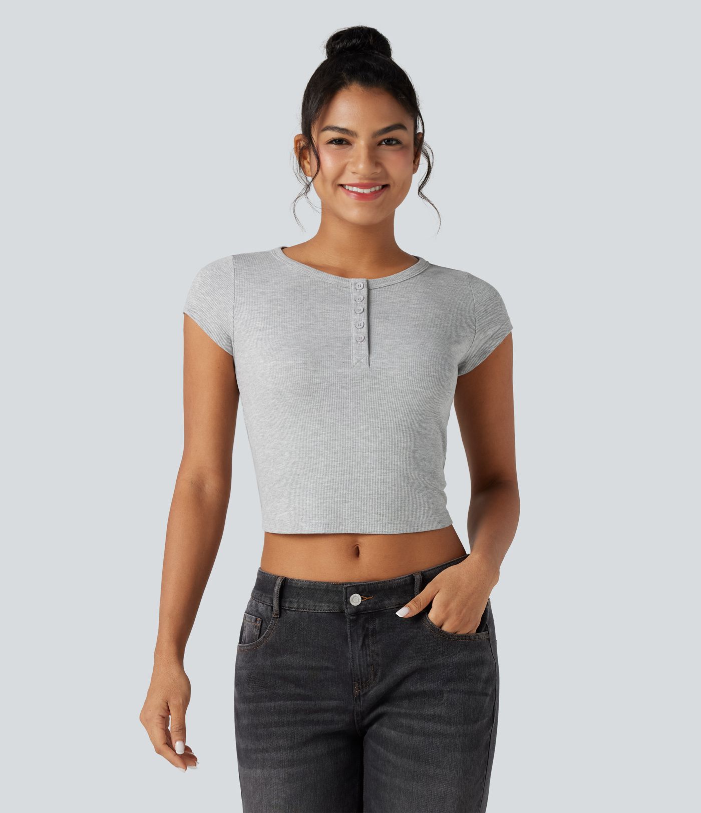 Ribbed Knit Henley Short Sleeve Slim Cropped Casual T-Shirt