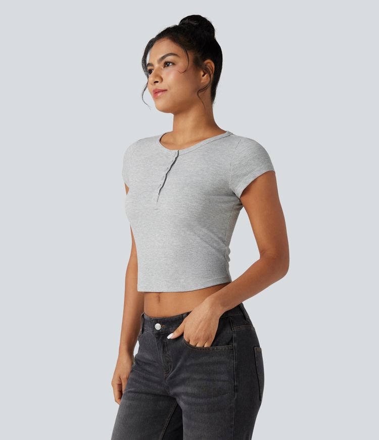 Ribbed Knit Henley Short Sleeve Slim Cropped Casual T-Shirt
