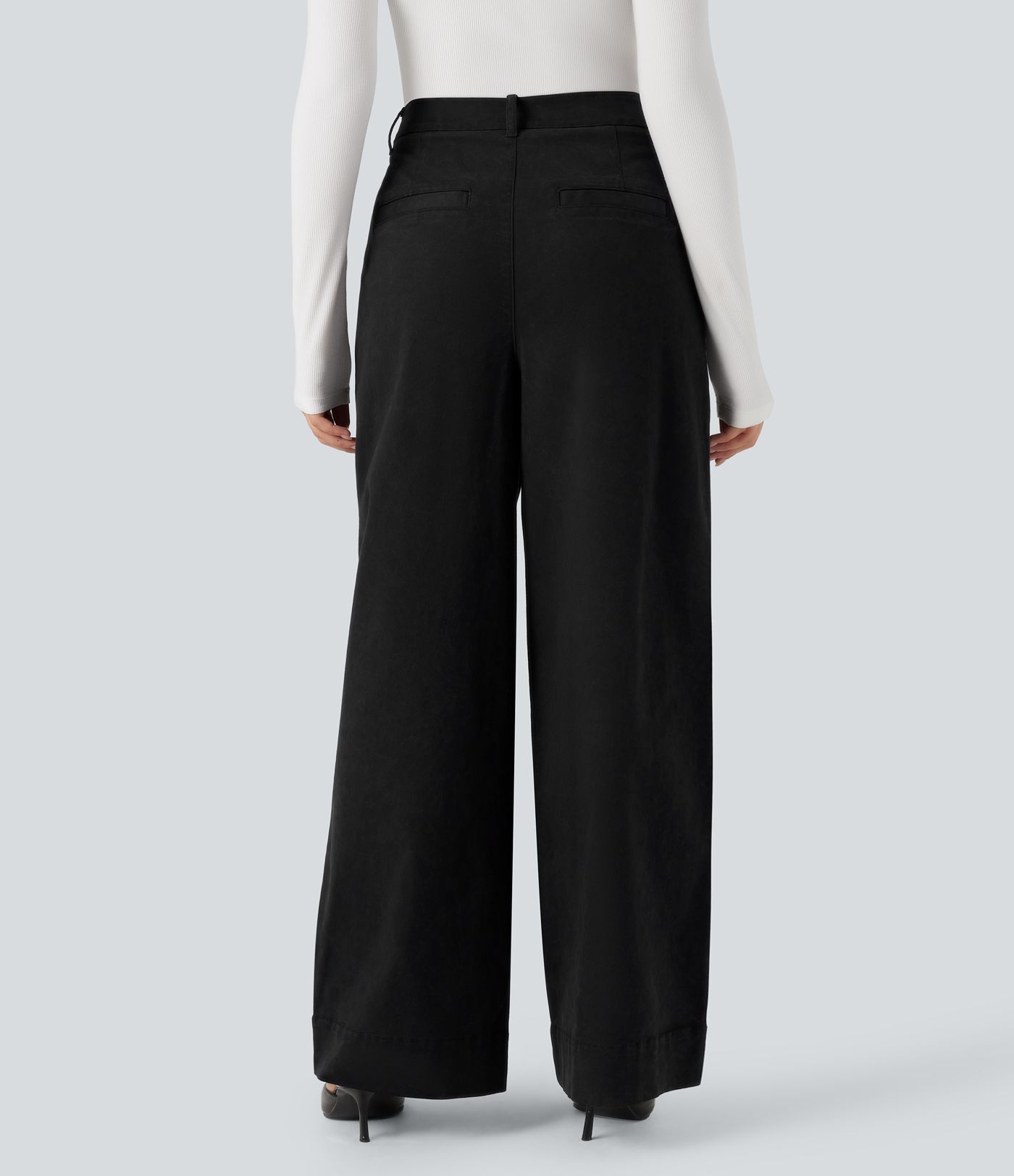 High Waisted Wide Leg Casual Chino Cotton Trousers with Pockets