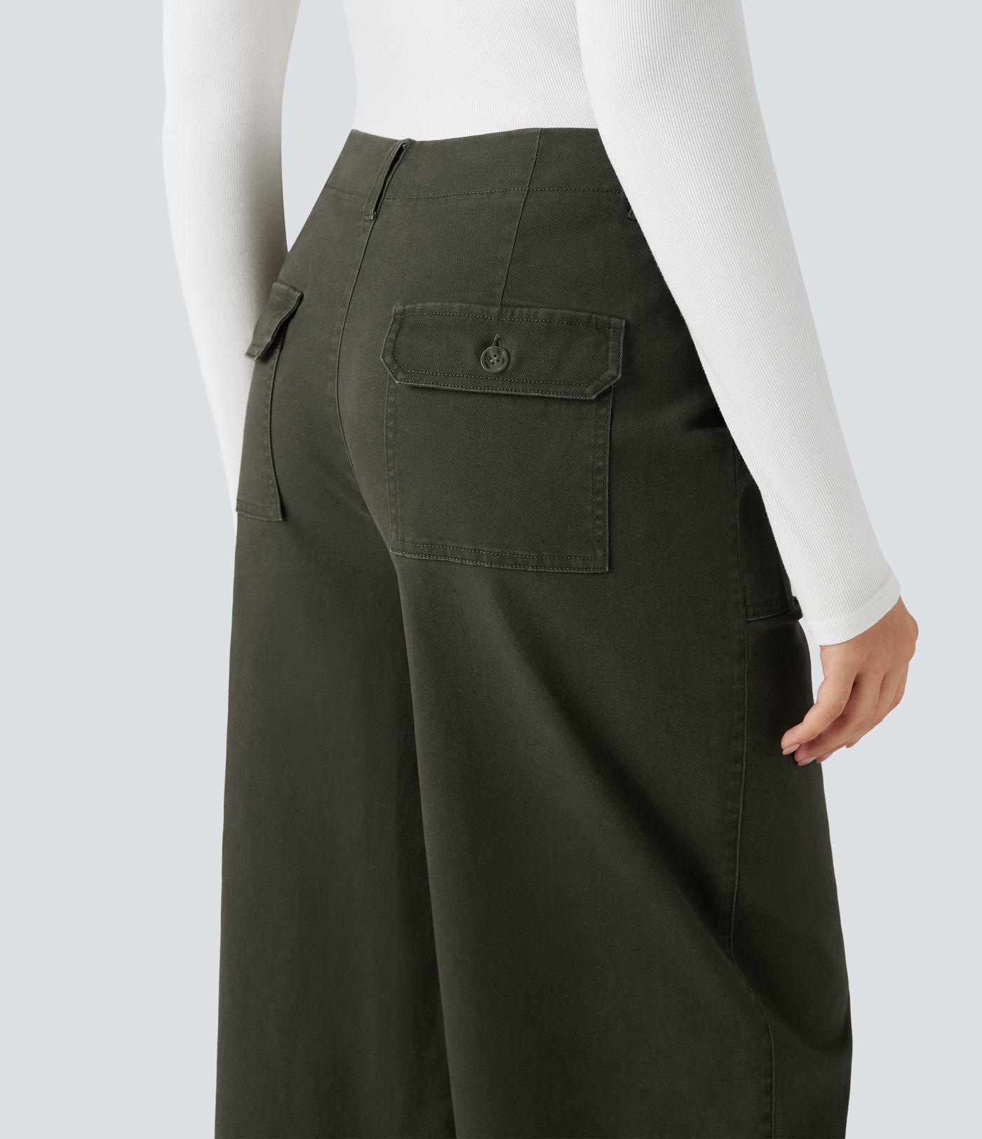 Mid Rise Wide Leg Casual Chino Cotton Pants with Pockets
