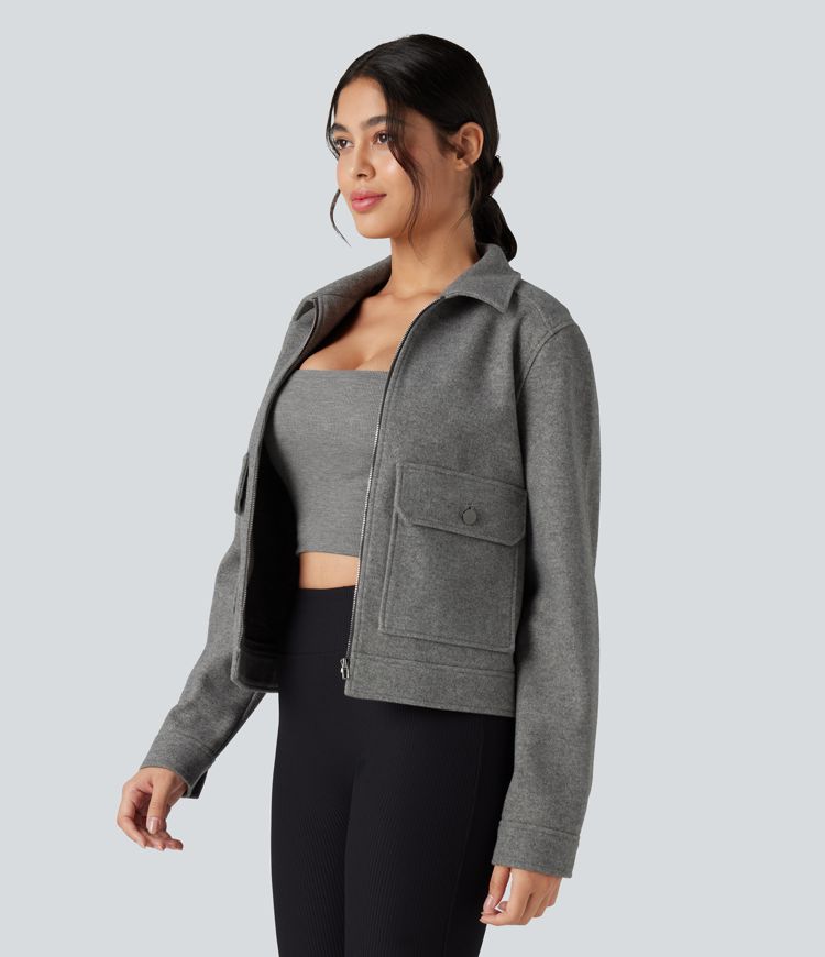 Long Sleeve Zipper Fleece Casual Jacket with Pockets